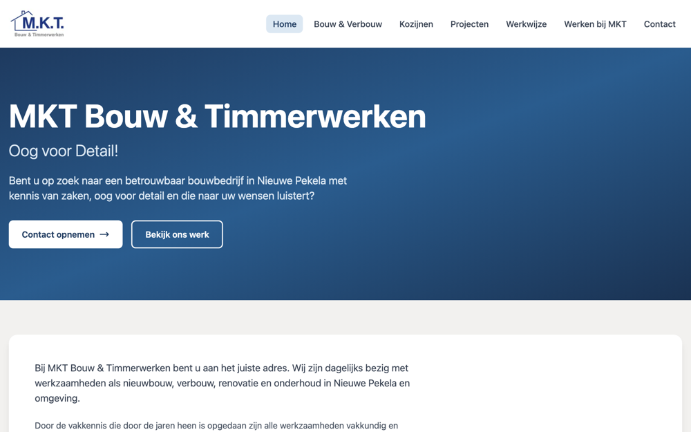 Screenshot van de website MKT Bouw & Timmerwerken